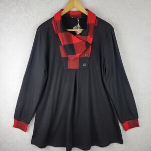 Women's XL Knit Tunic Long Sleeve Black Red Plaid Cowl Neck Top Babydoll Sweater